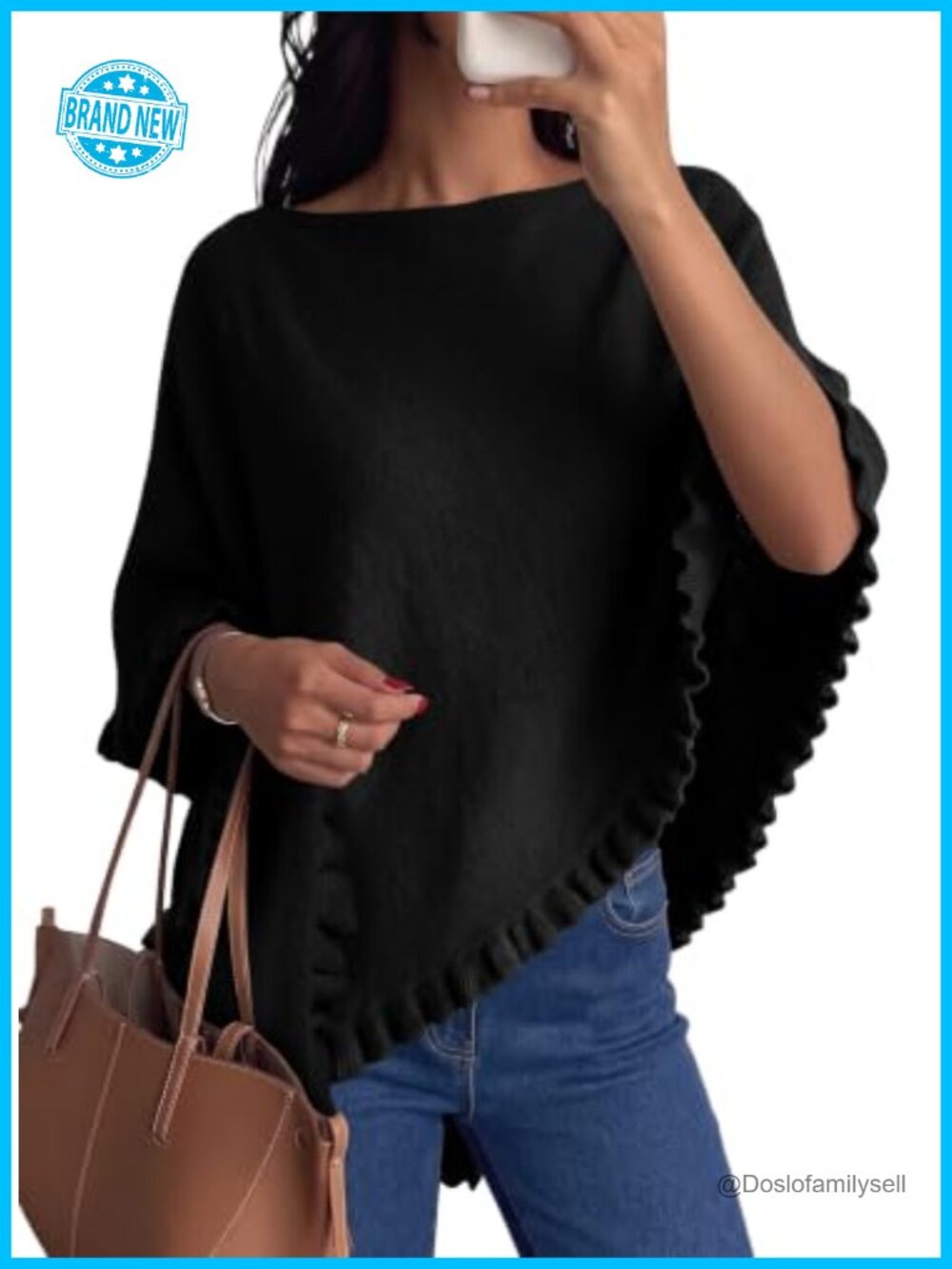 Wool Blend Poncho Sweater Ruffle Hem Boat Neck Pullover